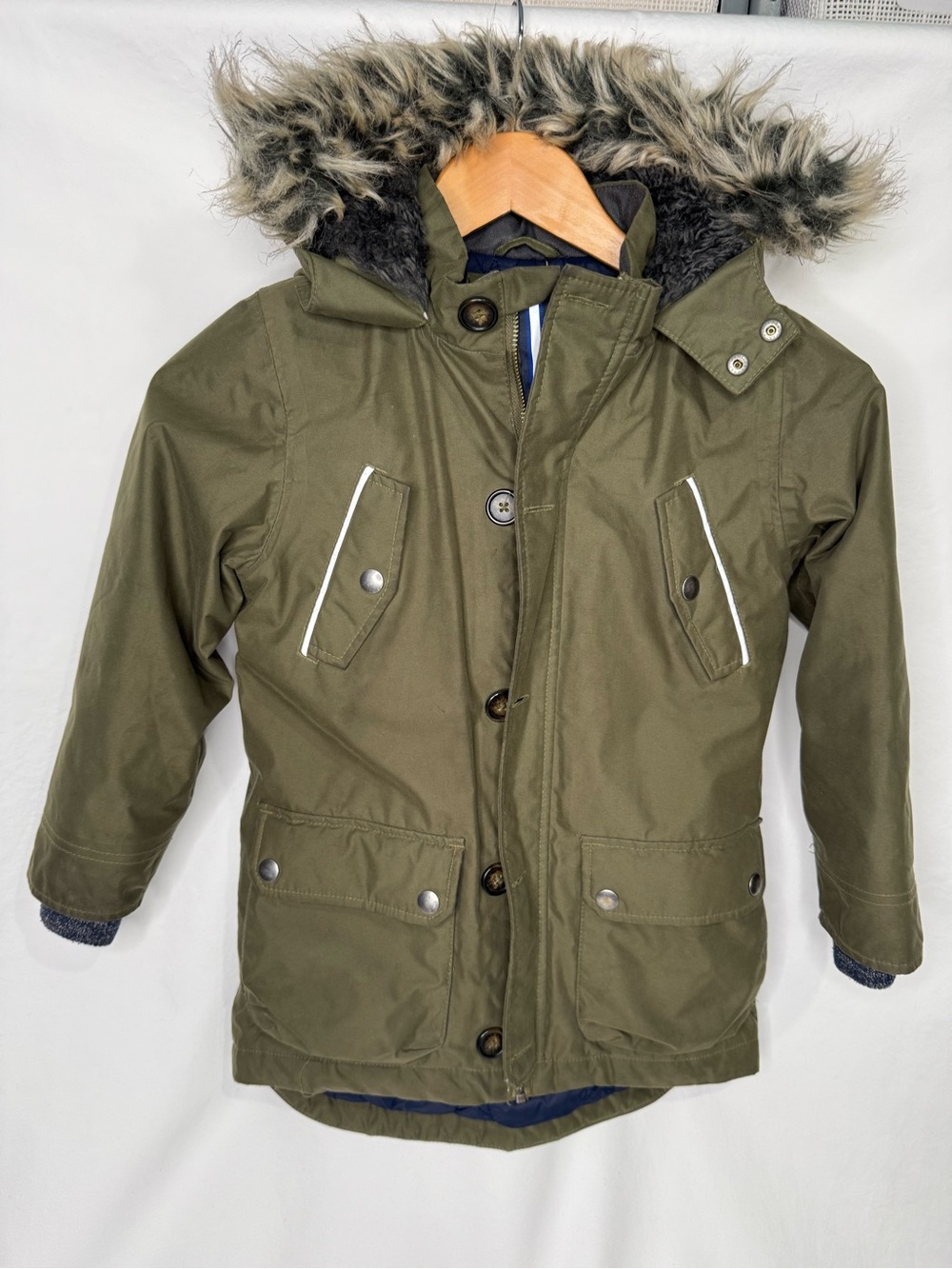 Boden Boys 6-7Y Olive Green Parka Coat Faux Fur Hood Quilted Winter Jacket
